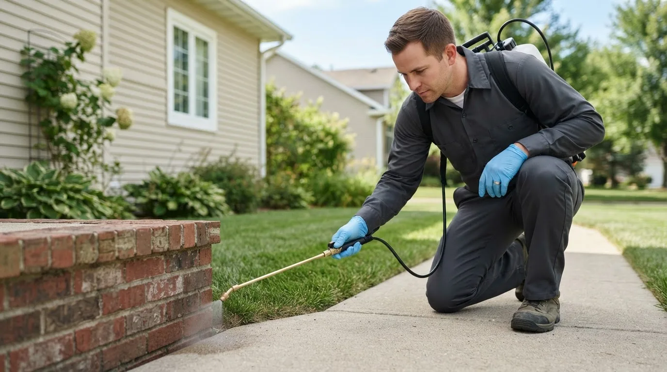 Pest control technician treating a home near Holy Cross, IA