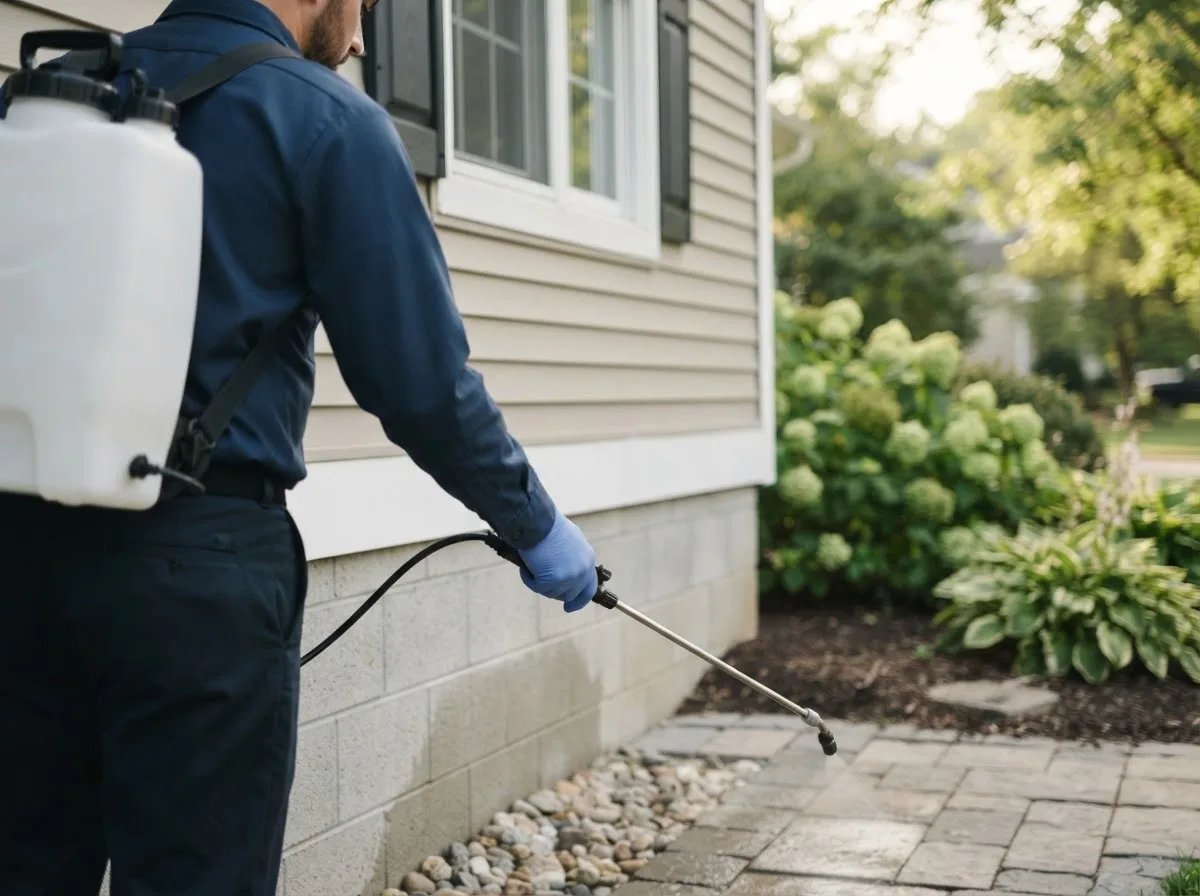 Pest control technician inspecting a home in Holy Cross, IA